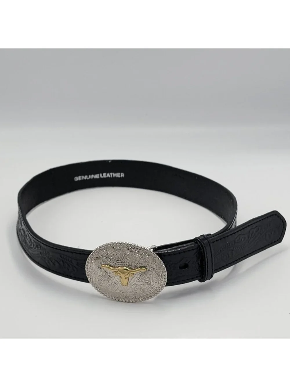 VTG Western Cowboy  Youth 3D Genuine Leather Black Belt With Silver & Gold Longh